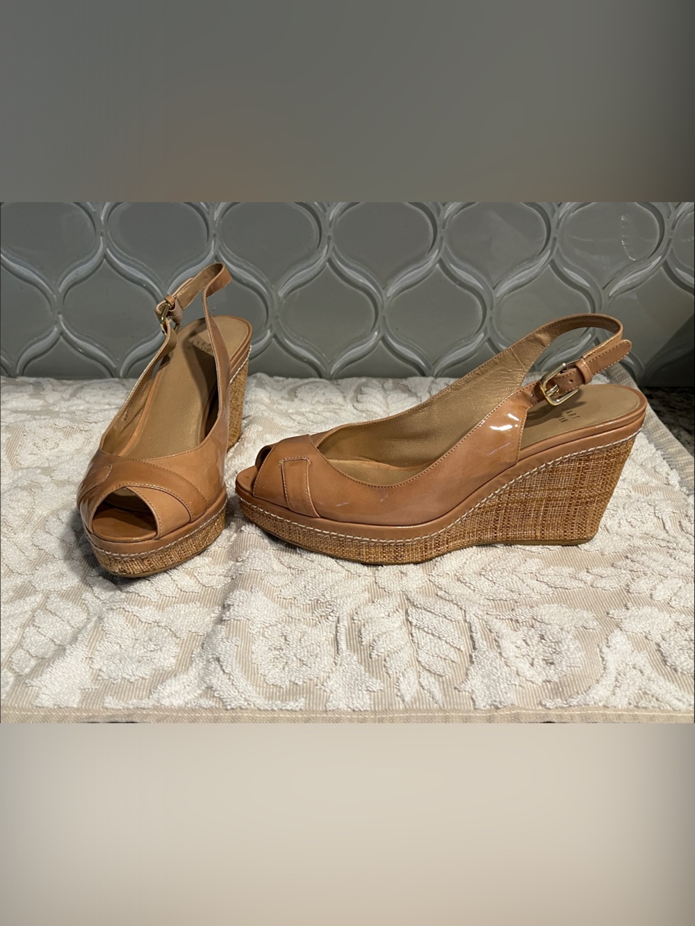Stuart Weitzman Tan Patent Leather Wedge Slingbacks with Woven Platform
